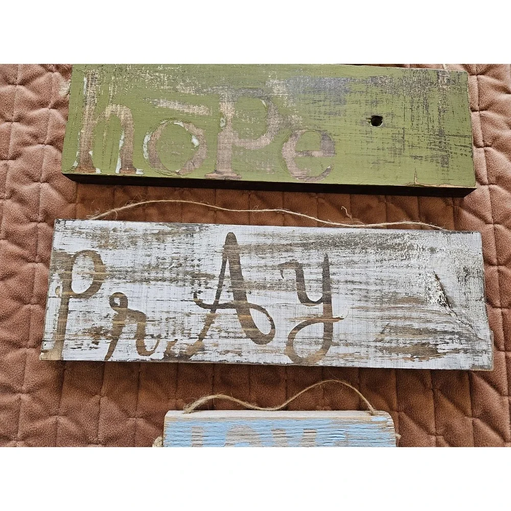 Four Piece Hand Painted Wood Signs (Family - Hope - Pray - Joy) Measure. Below